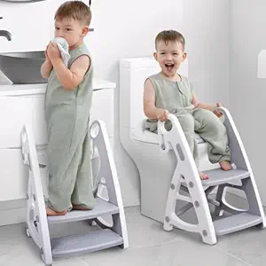 Primlect Potty Training Seat, 2-in-1 Toddler Toilet Seat with Step Stool, Ultra-Stable Potty Chair Attachment, Adjustable Seat and Step Ladder, Non-Slip Design, Splash Guard for Boys and Girls(Grey)