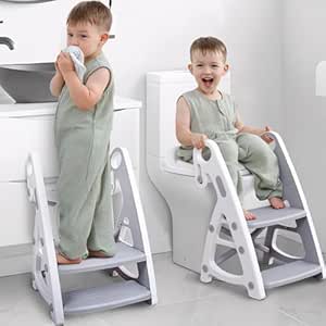 Primlect Potty Training Toilet, 2-in-1 Stable Potty Seat with Step Stool, Adjustable Height, Extra Wide Step, Anti-Slip, Splash Guard, for Boys and Girls, Grey