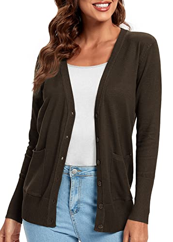 Urban Coco Women's Button Down Lightweight Knit Cardigan Sweater With Pockets (M, Coffee) #TOP6