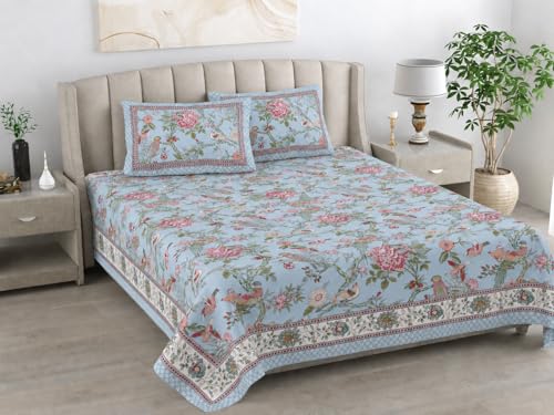 Image of ElanorHomes 240 TC Cotton Double King Size Bedsheet | Ultra-Soft & Skin-Safe | Breathable Summer Comfort | 90x108 inches with 2 Pillow Covers (Aqua Saga)