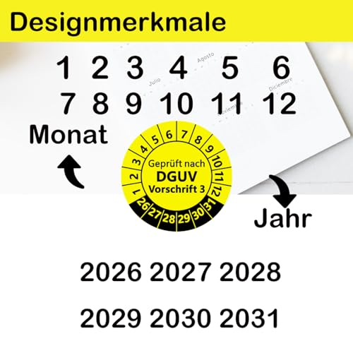 DGUV V3 Prüfplaketten Set mit Lochzange | 1000 Stück Ø30mm Gelb, Selbstklebend 2026-2031 + Handlocher 3mm (φ30mm,1000)