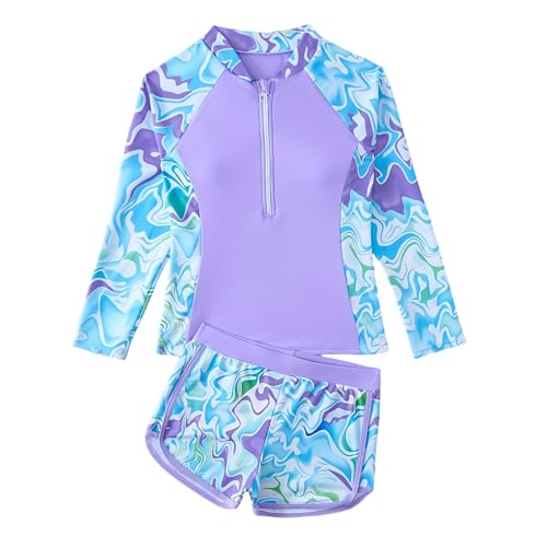 Maillot de Bain Deux pièces Manches Longues pour Filles - idéal Surf plongée Adolescentes Jeunes Filles (Blue, 11-12 Years)