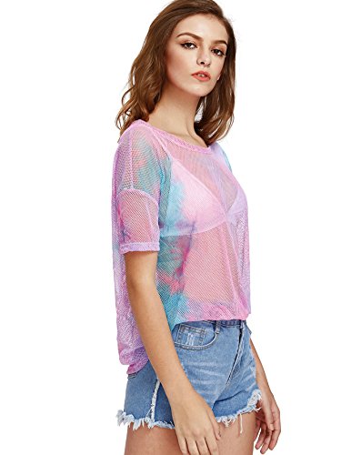 Makemechic Women's Summer Short Sleeve Tops See Through Mesh Sheer Sexy T Shirt Blouse Multi S #TOP3
