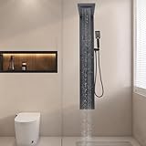 Duschpaneel für Badezimmer Duschsäule 6-in-1 LED Duschpaneel aus Edelstahl 304, Wasserfall- & Regenbrause, Massagedüsen | Temperaturanzeige | Wandmontage, Schwarz