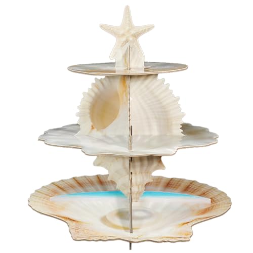 GELUOBEN 3 Tier Cardboard Cupcake Stand - Coastal Beach Party Decor with Seashell & Starfish Design, Ocean Decorations for Coastal Birthday, Beach Wedding, Seashell Bachelorette & Baby Shower