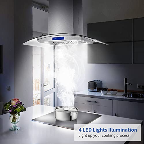 Joeaonz Island Range Hood 30 Inch Ceiling Mount Stainless Steel Kitchen Vent Hood, Touch Screen Control, Ducted/Ductless Installation Convertible, 3-Speed Fan Switchable #TOP3