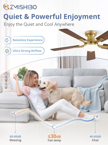 Image of ZMISHIBO 42 Inch Ceiling Fans with Lights, Remote&App Control, Flush Mount | Low Profile, Dimmable 20W LED Light, Quiet Reversible Motor, Strong Airflow, Easy Install for Bedroom /Living Room /Apt, Gold