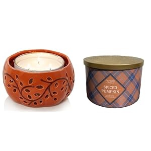 Yankee Candle Spiced Pumpkin 3-Wick Jar Candle with a Ceramic Pierced Pumpkin Jar Holder 2-pc Set
