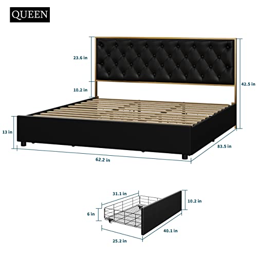 Hifit Queen Bed Frame With 4 Storage Drawers, Faux Leather Queen Platform Bed Frame With Button Tufted Headboard, Heavy Duty Mattress Foundation With Wooden Slats, No Box Spring Needed, Golden & Black #TOP1