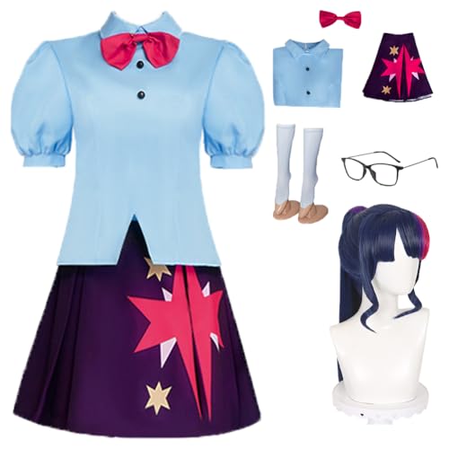 Linnektome Twilight Sparkle Costume Uniform Blue Dress Outfit Full Set For Women Party Suit (BLUE WIG, M)