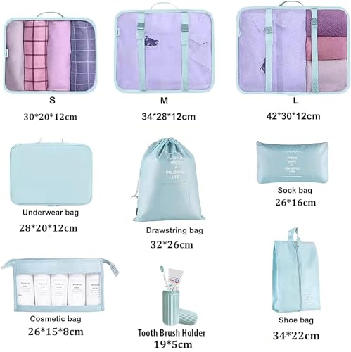 OCEANEVO Polypropylene 9 Pcs Packing Cubes, Travel Luggage Organizer For Men And Women, Toiletry Bag, Packing Cubes For Travel With Tooth Brush Holder- Set Of 9- Sky Blue