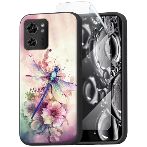 ACWDMKH for Motorola Edge 2023 Case,for Moto Edge 40 Case with Screen Protector Slim TPU Silicone Shockproof,Scratch-Resistant,Wireless Charging,Heavy Duty Cover,Pink Dragonfly Flower