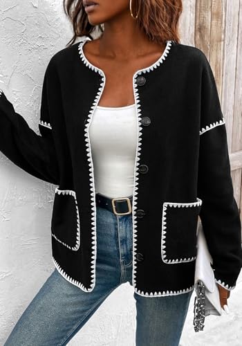 Sezhgswd Womens Fall Cropped Cardigan Jacket Soft Long Sleeve Open Front Button Down Tweed Coat with Pockets3