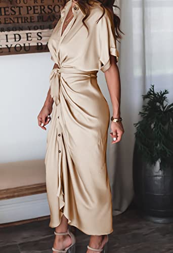Aohite Women Sexy Satin Button Down Short Sleeve Ruched Silk Maxi Shirt Dress With Belt Apricot M #TOP6