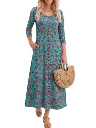 ANRABESS Womens 3/4 Sleeve Scoop Neck Casual Maxi Dress,Yellow Floral,S