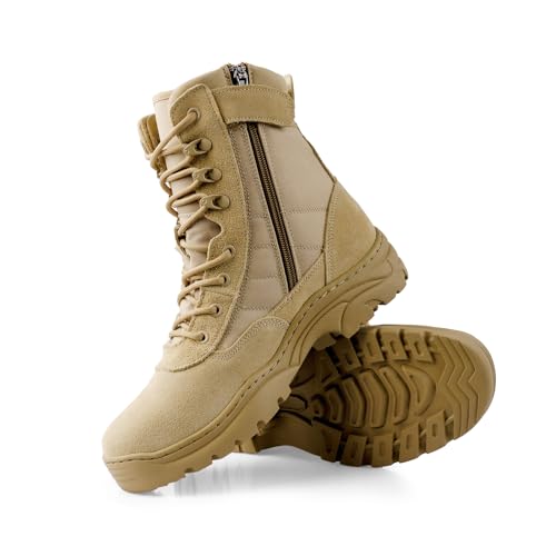 QUNLON Rangers Militaire Homme Bottes Tactique Botte Moto Homme Bottes Militaire Airsoft Bottes de Combat avec Fermeture éclair Antidérapante Chaussure de Randonnée-Sable 43EU – vue 9