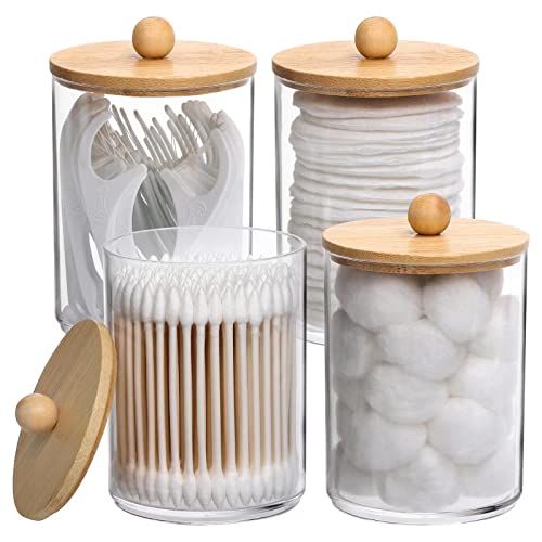 Tbestmax 4 Pack Qtip Holder, 10-Ounce Bathroom Organizer Accessories Storage Containers Clear Plastic Apothecary Jars with Bamboo Lids for Cotton Ball, Cotton Swab, Floss by Tbestmax - Used condition - CA$18.98