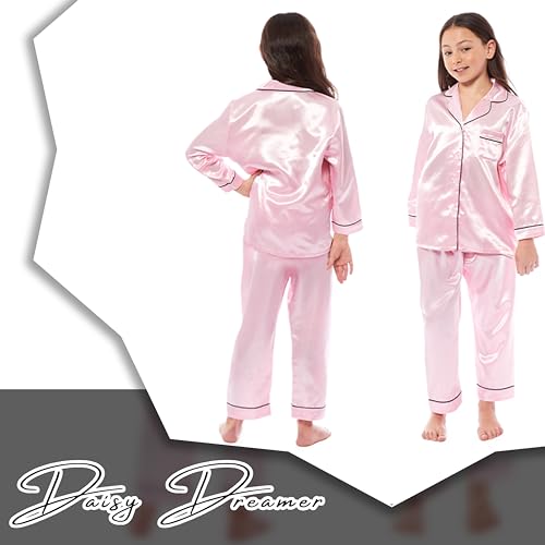 Daisy Dreamer Girls Long Pyjama Set Satin Silk Kids Pyjamas Sets Button Down Long Sleeve Easy Care Two Piece Comfy Sleepwear and Loungewear Pjs, 5-6 Years Pink - Image 5