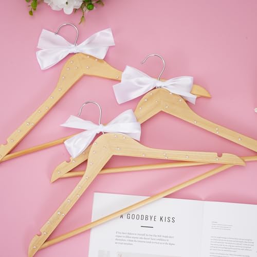 10 Pcs Bridesmaid Hangers for Wedding, Wood Color Bride Groom Ribbon Bow Pearl Hanger, Elegant Wooden Dress Hanger for Bridal Shower, Tuxedo Suit Bridesmaid Bridal Wedding Gift Bridal Party Shower