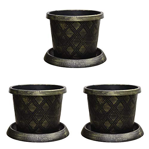 Easy to Use Stylish Large Patio Pot & Saucer Stunning black and gold lattice effect Ideal for planting flower plugs shrub and vegetables 3 x 39cm Pots and Saucers by Thompson and Morgan