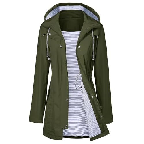 LOMON Raincoat Women Waterproof Long Hooded Trench Coats Lined Windbreaker Travel Jacket S-XXL XX-Large Army Green