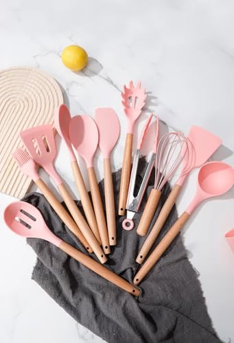 GlowArk 12-Piece Silicone Kitchen Utensil Set: Heat resistant up to 446°F. Includes Turner, Tongs, Spatula, Spoon, Brush, Whisk, Wooden Handles, Holder for Nonstick Cookware. (Light Pink)