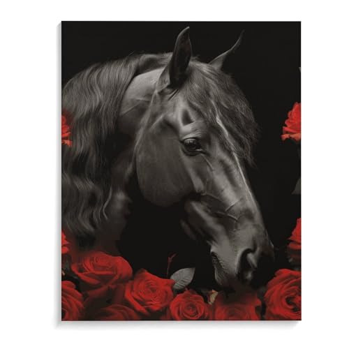 Tableau personnalisé cheval noir et roses pour sublimer la décoration de votre salon branché