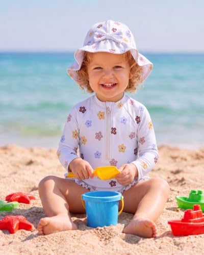 WKTRSM Badeanzug Für Mädchen, Kleinkind-Badeanzug Mit Sonnenhut, Langärmelige Badebekleidung, UPF 50+, Rashguard Mit Reißverschluss Für Kinder Von 3 Bis 36 Monaten, Für Strand Und Pool