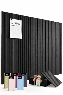 VIVELDA Large Felt Bulletin Board 48 x 36 Inch - 12-Pack Square Acoustic Wall Panels, Cork Board Alternative, NRC 0.95, Damage-Free Adhesive, Slatted Design for Home, Classroom (Black)