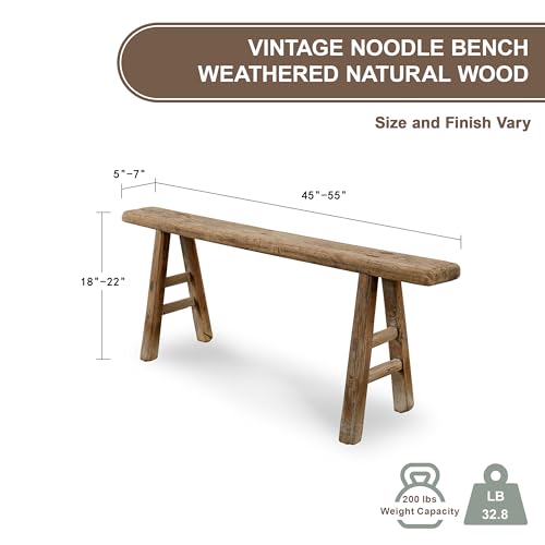 Artissance Handmade Wooden Entryway Bench, Vintage Noodle Bench for Living Room, Bedroom, or Entryway, End of Bed Bench, Weathered Natural Wood Bench Indoor Farmhouse Decor