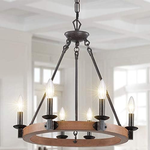 FinExpect 6-Light Farmhouse Chandelier Rustic Wagon Wheel Chandelier Wood-Painted Metal Hanging Light Fixtures for Dining Room Living Room Kitchen Island Foyer Entryway, 19.5" Dia