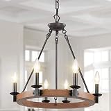 FinExpect 6-Light Farmhouse Chandelier Rustic Wagon Wheel Chandelier Wood-Painted Metal Hanging Ligh