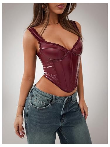 Floerns Women's Leather Sleeveless Crop Cami Top Asymmetrical Hem Retro Corset Top4