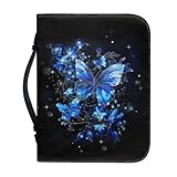 SJOAOAA Lila Blume PU Leder Bibelhülle für Frauen, wiederverwendbare Bibeltasche mit Tasche und Griffen, multifunktionale Bibeltragetasche, Bibeltasche, Handtasche, Größe XL, blau mit schmetterlingen