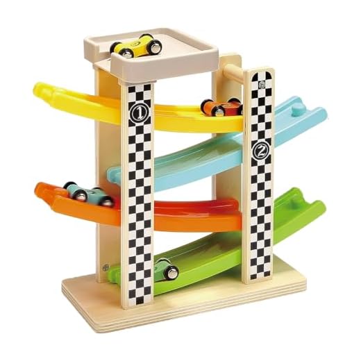 Pista Auto da Corsa in Legno, Kikuo Piste a Zig-Zag con 4 Macchinine, Senza BPA, Click Clack Track Giocattoli, Pista Macchinine 2 Anni Bambino, Resistente e Sicura Giocattoli di Legno