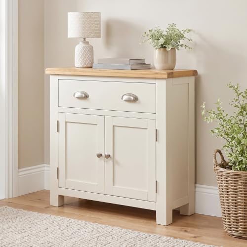 The Furniture Market Cotswold Cream Painted 2 Door 1 Drawer Small Sideboard with Oak Top - Adjustable Shelf, Perfect for Living, Dining or Kitchen - H 800mm x W 800mm x D 320mm