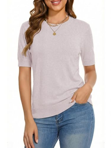 LaGracia Wool Blend Sweaters for Women Crewneck Short Sleeve Lightweight Sweater Office Summer Outfits Apricot 2XL