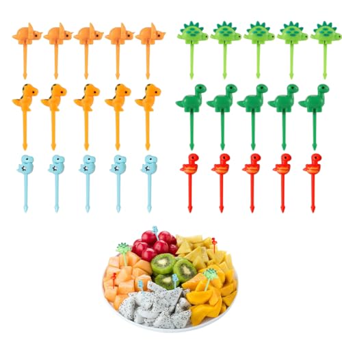 KEQAR 30 Piezas Tenedores de Fruta para Niños, Pinchos para Snacks Infantiles, Mini Palillos 3D de Dinosaurios, Decoración para Bento y Loncheras