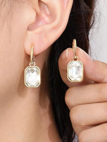 Image of El Regalo Stainless Steel Rectangular Cut Rhinestone Hoop Earrings - Elegant 18K Gold Plated Waterproof Vintage-Inspired Cubic Zirconia Huggie Hoops for Women