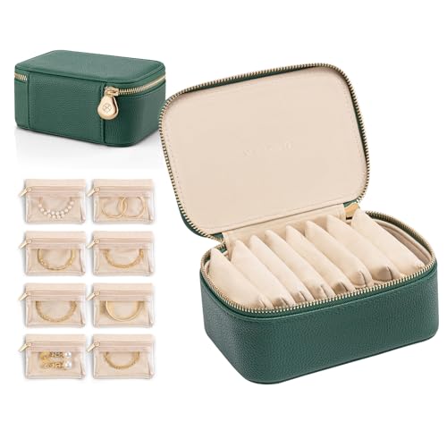 VLANDO Travel Jewelry Box Organizer – Portable PU Leather Jewelry Case with 6/8/12 Zippered Pouches, Compact Storage for Earrings Rings Necklaces Bracelets, Dark Green by VLANDO - Used condition - US$26.99