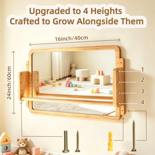 3-in-1 Montessori Baby Mirror with Bar, Tummy Time Mirror with Adjustable Pull-Up Bar & Shelf, Nursery Mirrors Montessori Learning Toy with Shatterproof Acrylic/ Natural Wood for Sensory Room Daycare by FOBEVTEF - Used condition - Image 7