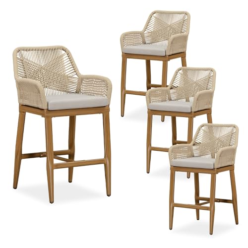 Image of PURPLE LEAF Outdoor Bar Stools Set of 4 Wood-Look Aluminum Frame, Teak