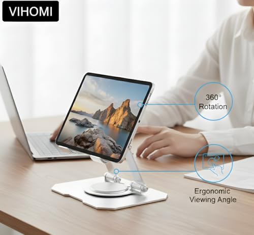 Image of Aluminium Tablet Stand Holder with 360 Rotating Base & Multi-Angle Adjustment, Universal Desk Tablet Dock for iPad Pro /Air /Mini, Samsung Galaxy Tab & All Tablets (Silver)