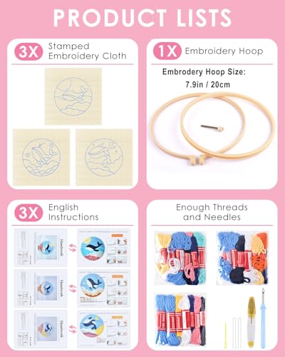 Image of TINDTOP Punch Needle Kits, Punch Needle Embroidery Kits for Adults | 3 Pack, Tool with Punch Needle Fabric, Hoops, Yarns and Sewing Needles (Whale)