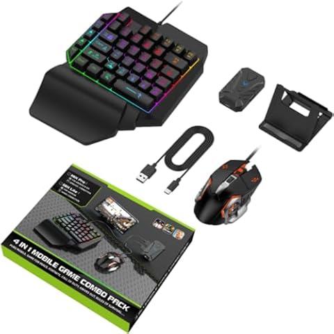 Half Hand Gaming Keyboard and Mouse Combo, 4 in 1 Mobile Game Combo Pack, Mobile Gamepad Controller, One Handed Gaming Keyboard, Mouse Converter, Adjustable Phone Stand Cover