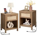 SICOTAS Ensemble de 2 Tables de Nuit en Rotin - Table de Nuit de Ferme avec Station de Charge Type-C et Tiroir, Table de Chevet Boho pour Chambre, Chêne | avec Tiroir Table de Chevet Boho avec Ports USB et Type-C Tables de Chevet pour Chambre Petit Espace