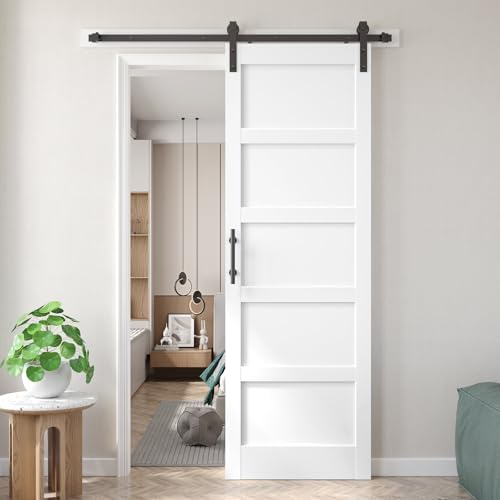 Image of Fredbeck 32x96 inch White Barn Door with 5.5FT Sliding Door Hardware Kit Included & Handle,Solid,MDF,PVC Surface,DIY Assembly,5-Panel