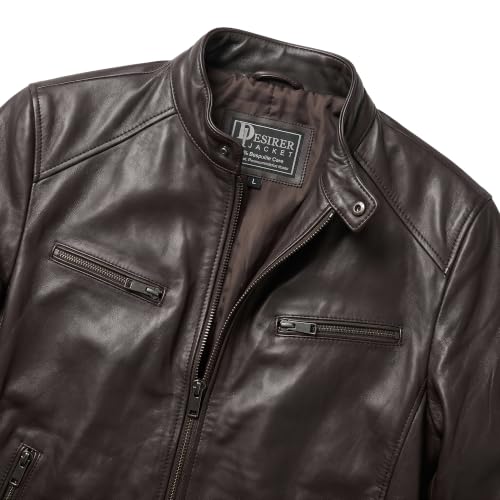 Image of Men Cafe Racer Motorcycle Style Solid Leather Jacket Slim Fit Motorcycle Brown Cafe Racer Leather Jacket