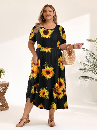 Image of LARACE Plus Size Dresses for Women Summer Casual Short Sleeve Long Dress Flowy Maxi Beach Dresses with Pockets L-6XL(Flower35 6X)