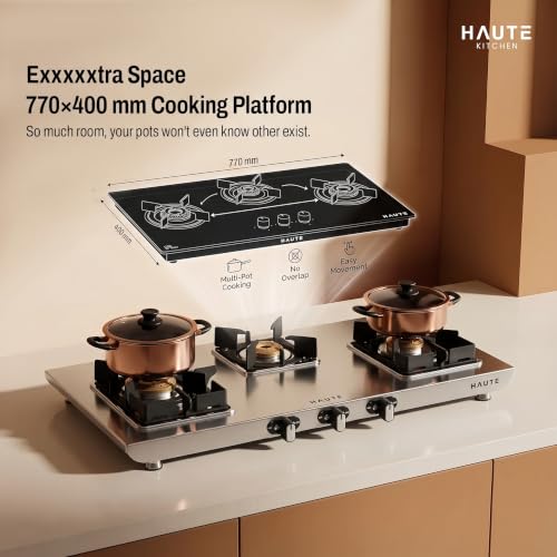 Image of Haute Essencia Elite series 3 Burner Manual Gas Stove | 1.2 MM Stainless Steel body 5 year warranty| Door Step service | 2 year product Warranty by Haute Home